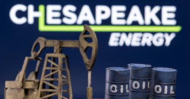 A 3D printed oil barrels and oil pump jack are seen in front of displayed Chesapeake Energy logo in this illustration taken January 25, 2022. REUTERS/Dado Ruvic/Illustration